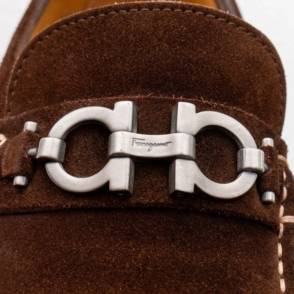 $849.00! Salvatore Ferragamo Gancini‎ Logo Suede Loafers Brown Men's US 8.5 D